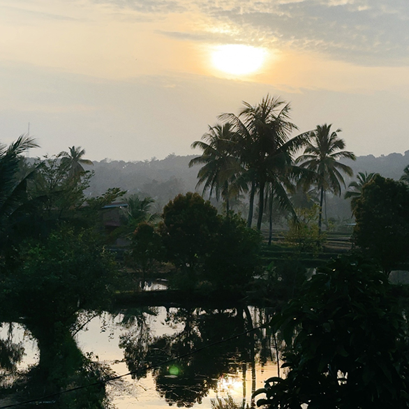 気持ちの良い夕暮れどき。水田には水が入れられ、稲が植えられるのを待っている。赤道直下の熱帯だが最高気温は30℃程度と、日本より遥かに涼しい。
